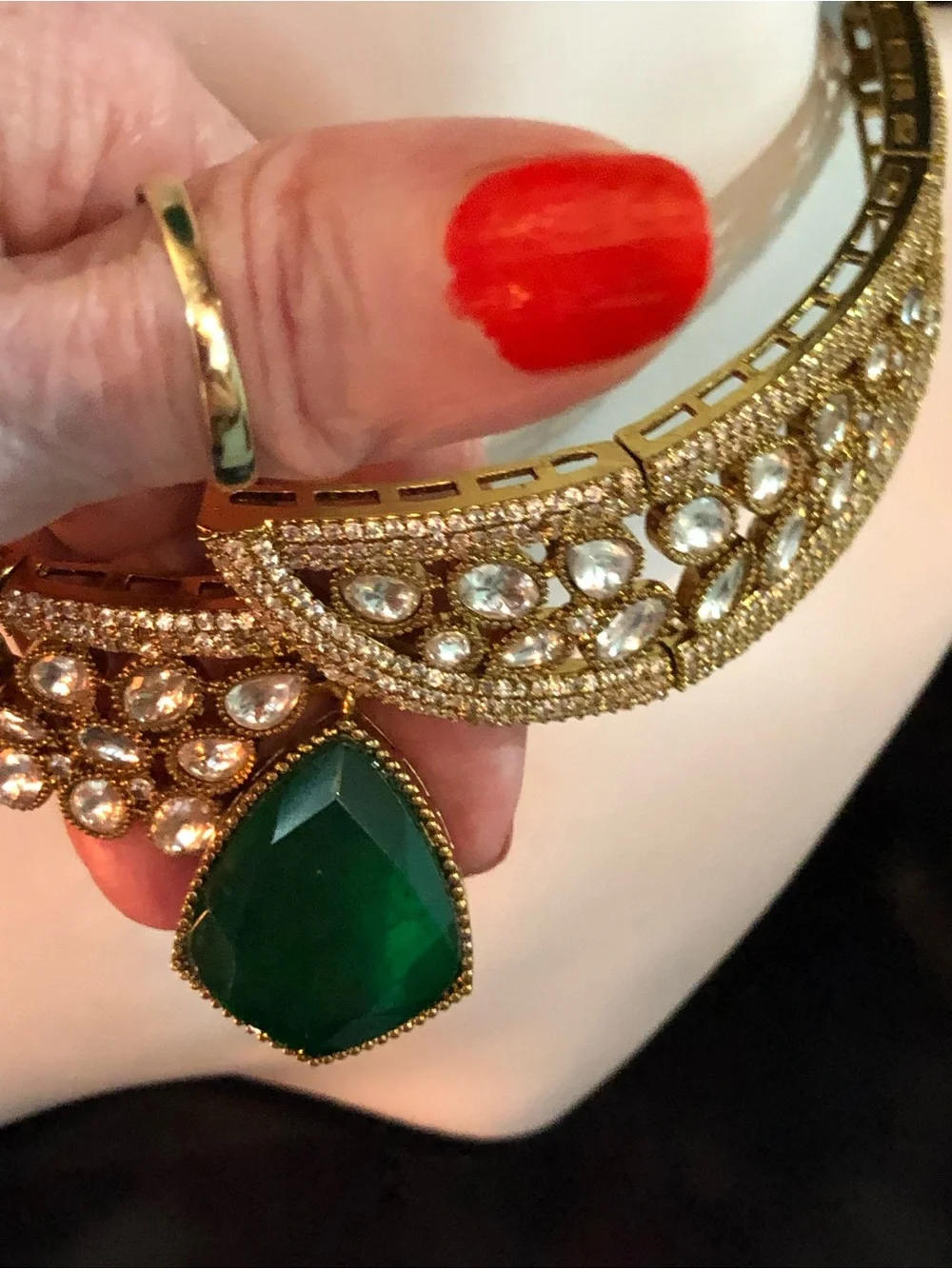 MIDEASTERN, EGYPTIAN Teardrop EMERALD Gold-Tone Necklace Pendant